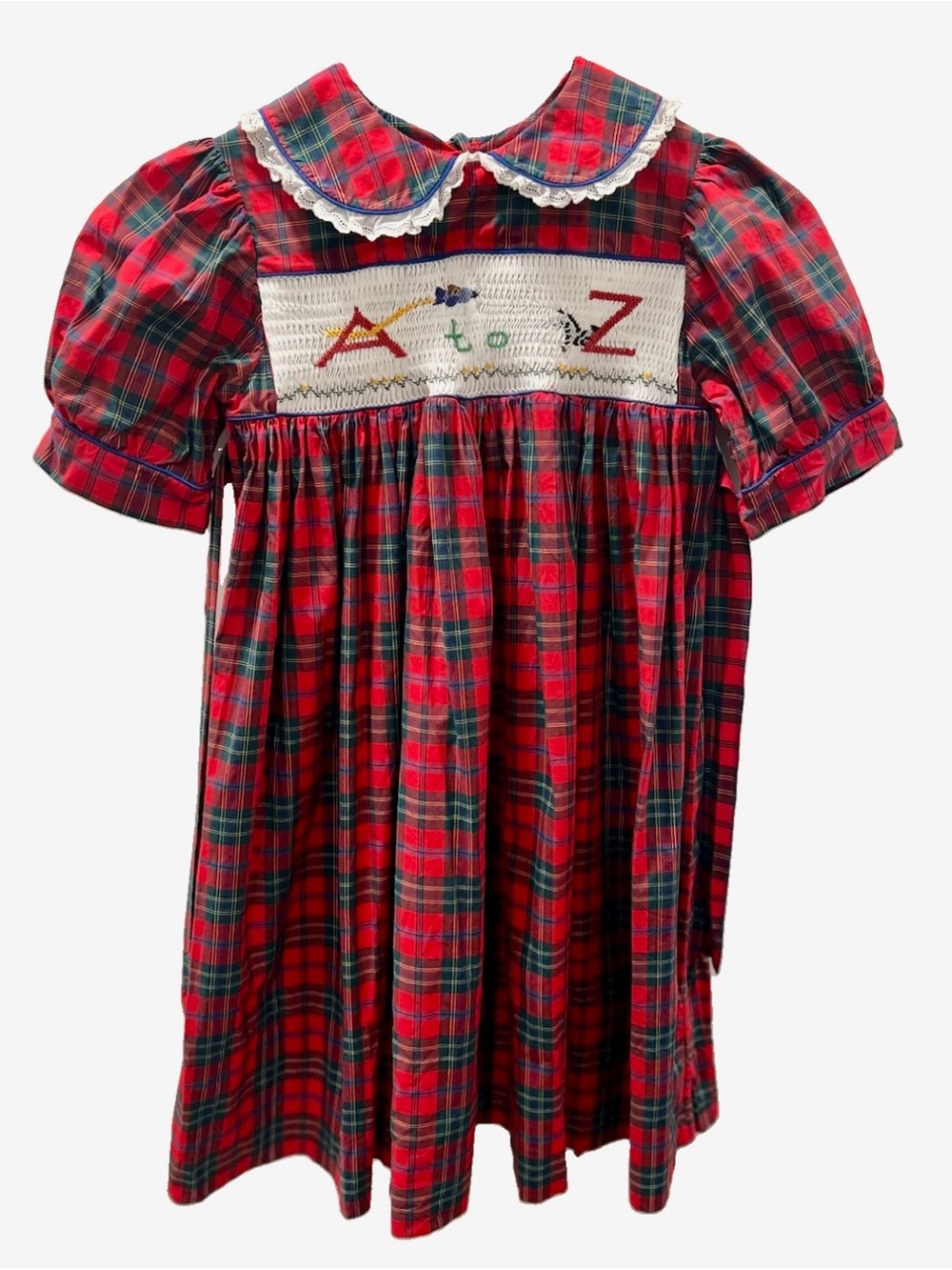 Custom Handmade Girls Smocked “A to Z” Plaid Dress
